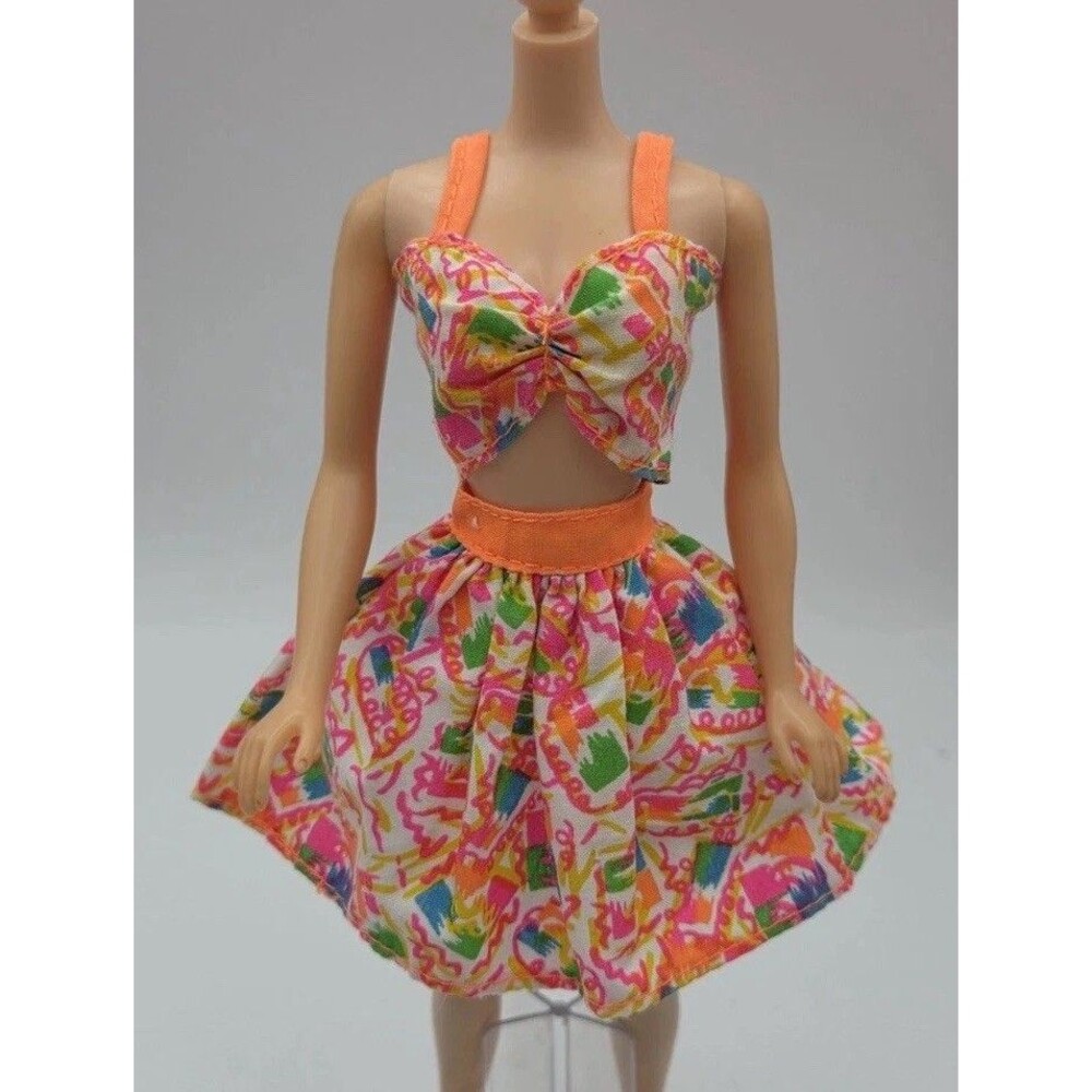 Vintage Barbie Summer Dress Fashion Neon Orange Pink Confetti Genuine